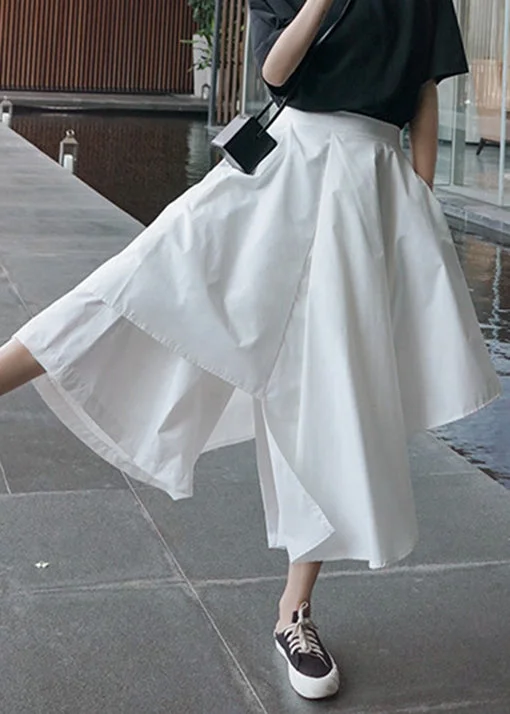 Unique White Asymmetrical Pockets Patchwork Cotton Pants Skirt Summer chiffon skirt airy