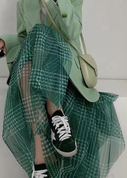 Women Green Plaid Asymmetrical High Waist Patchwork Tulle Skirts Summer leather skirt sleek