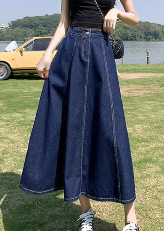 Women Navy High Waist Patchwork Denim A Line Skirts Summe silk skirt lustrous