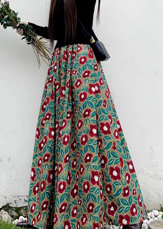 Women Red Print High Waist Pockets Patchwork Cotton Maxi Skirts Fall chiffon skirt lightweight