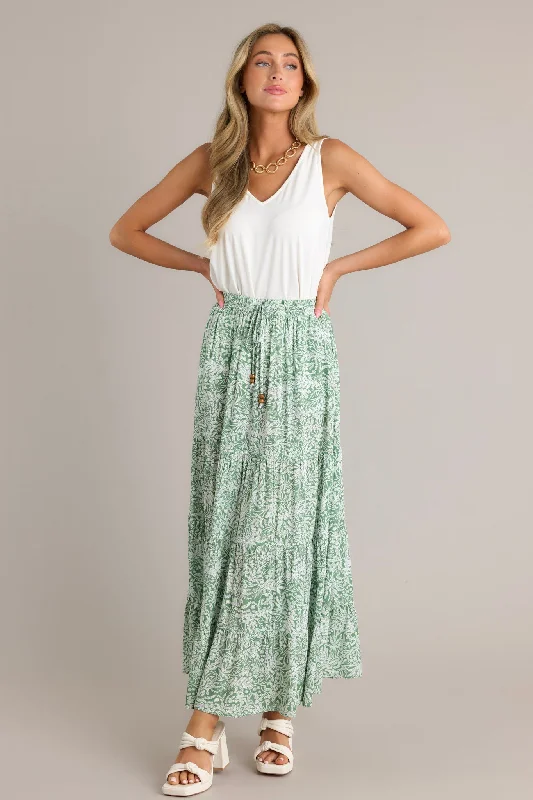 Blissful Moments Light Green Floral Maxi Skirt ribbed skirt waist