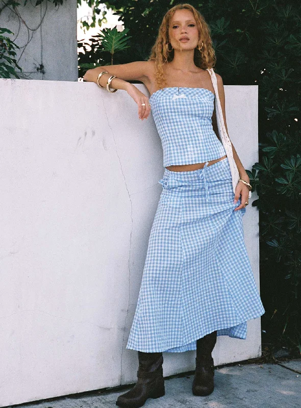 Carmino Maxi Skirt Blue Check silk skirt lustrous