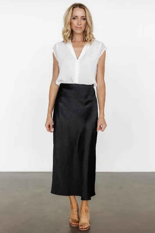 Celeste Satin Midi Skirt | Black leather skirt refined