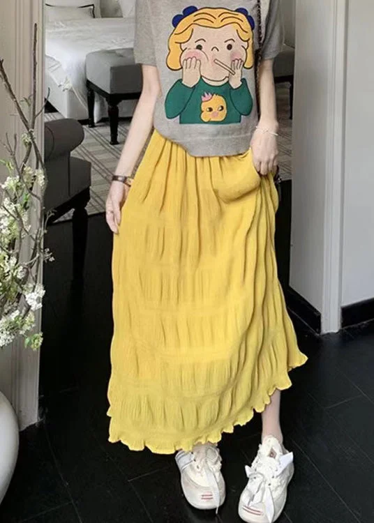 Fashion Yellow Elastic Waist Wrinkled Cotton Skirt Summer wool skirt warm