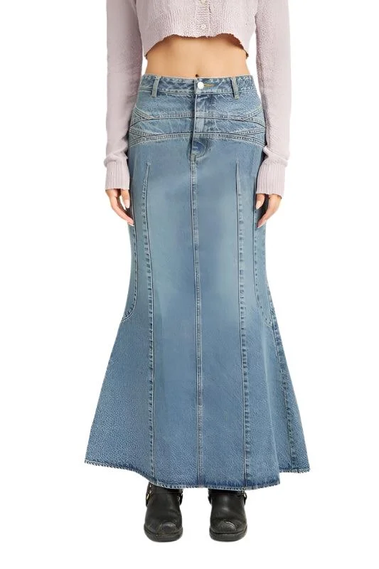 Womens Denim Blue Fluted Mermaid Denim Jean Skirt lace skirt delicate