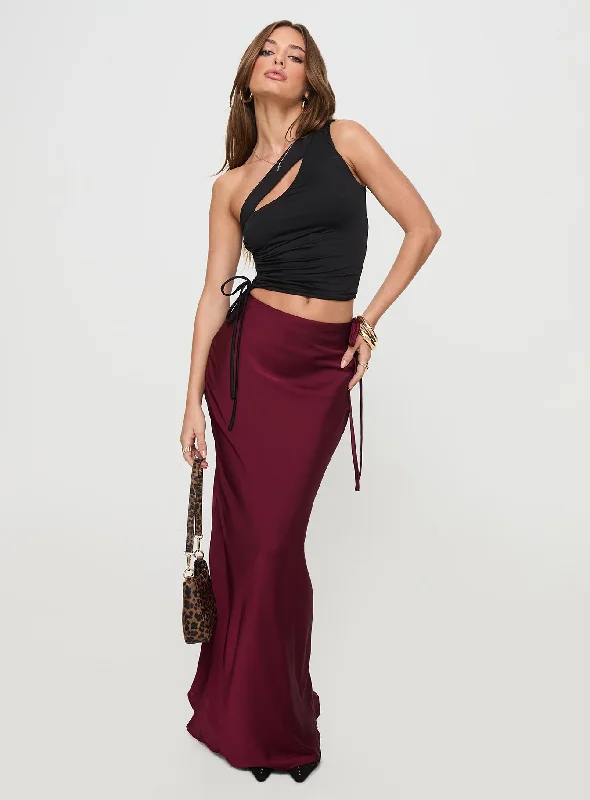 Fluttering Maxi Skirt Burgundy belted skirt waist