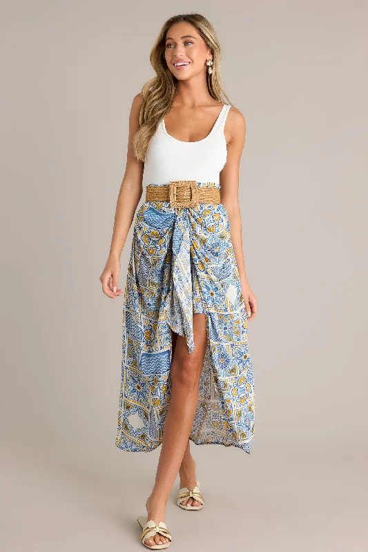 Free Spirit Blue Multi Faux Wrap Skirt pencil skirt chic