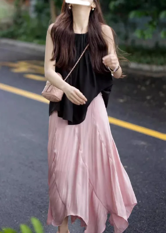 French Asymmetrical Top And Skirts Two Piece Sleeveless Set chiffon skirt flowing