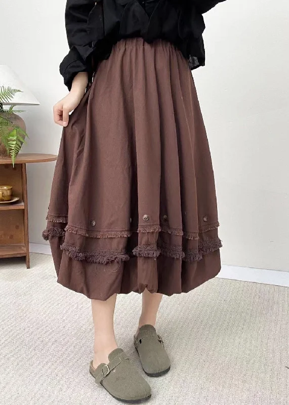 French Coffee Patchwork Elastic Waist Skirts Summer linen skirt airy