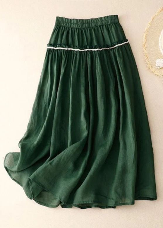 French Green Ruffled Patchwork Elastic Waist Pleated Skirts leather skirt durable