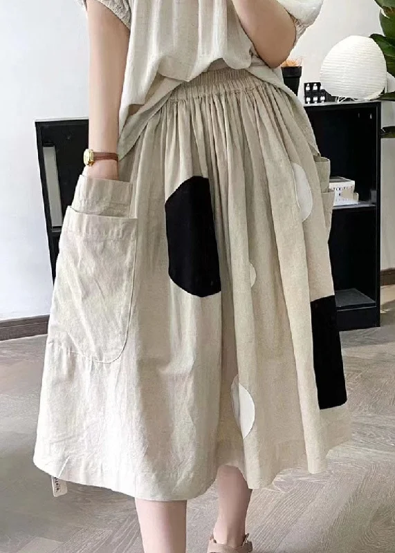 Handmade Khaki Dot Pockets Elastic Waist A Line Skirt Summer lace skirt elegant