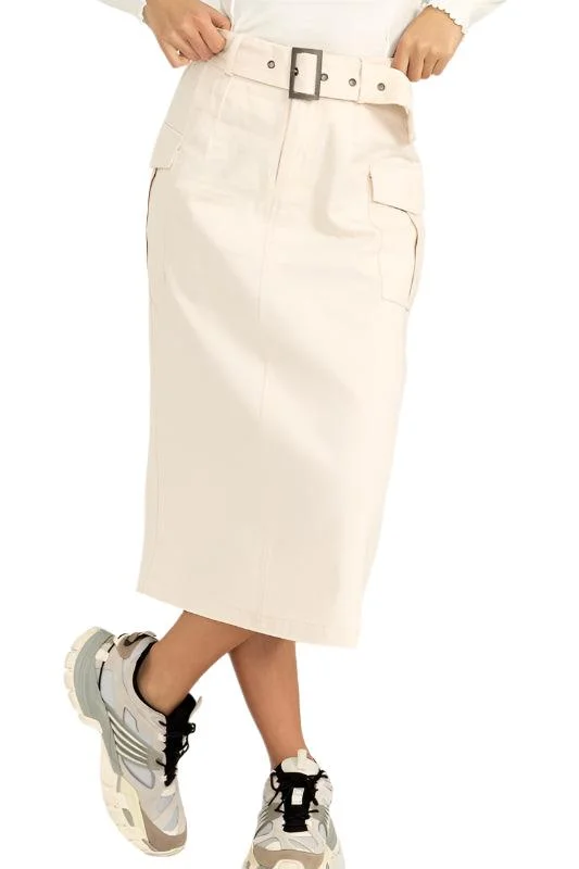 Buckled Belt Cargo Skirts Black Cream ruffled skirt detail