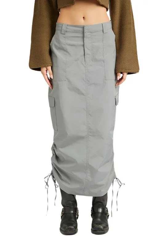 Womens Ruched Midi Cargo Skirt Grey Or Olive button skirt front