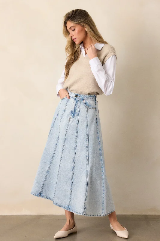 Rustic Dream Light Wash Denim Maxi Skirt lace skirt romantic