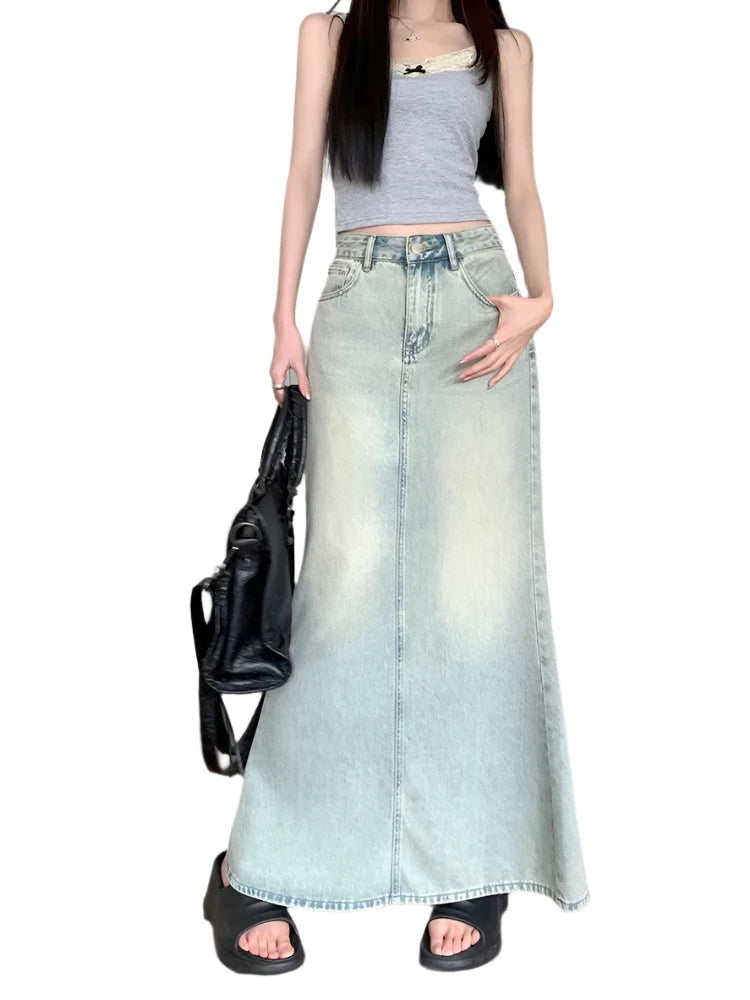 Women's Long Denim Skirt High-Waist Back Split Pencil Skirt patchwork skirt art