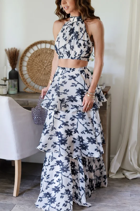 The Renee Crop & Tiered Skirt Set- Print cashmere skirt fine