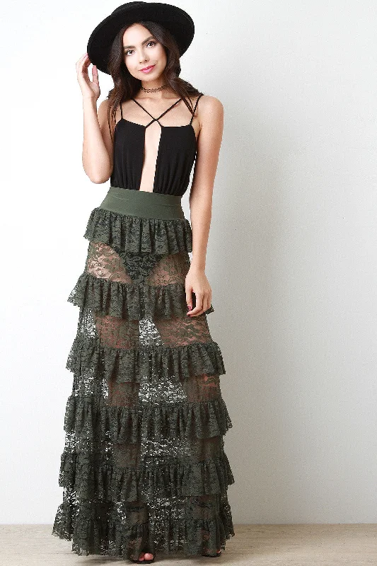 Semi-Sheer Floral Lace Ruffle Tier Maxi Skirt seamless skirt comfort