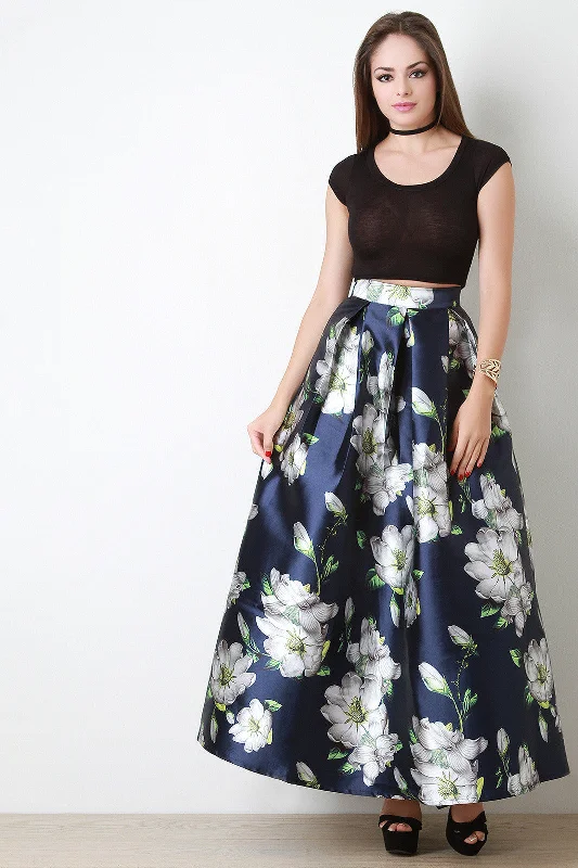 Floral Pleated A-Line Maxi Skirt corduroy skirt durable