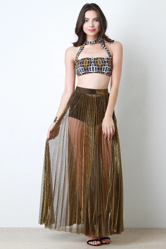 Metallic Semi Sheer Pleated Maxi Skirt breathable skirt fabric