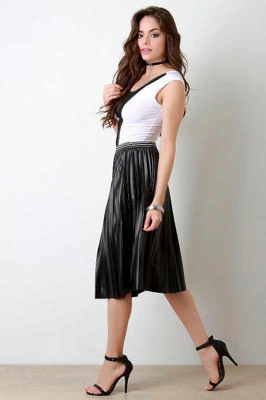 Vegan Leather Accordion Pleating Shimmer Stripes Skirt high waist skirt