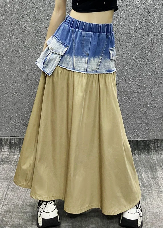 Unique Light Yellow Denim Patchwork Elastic Waist Pockets Skirt Summer flowy skirt hem