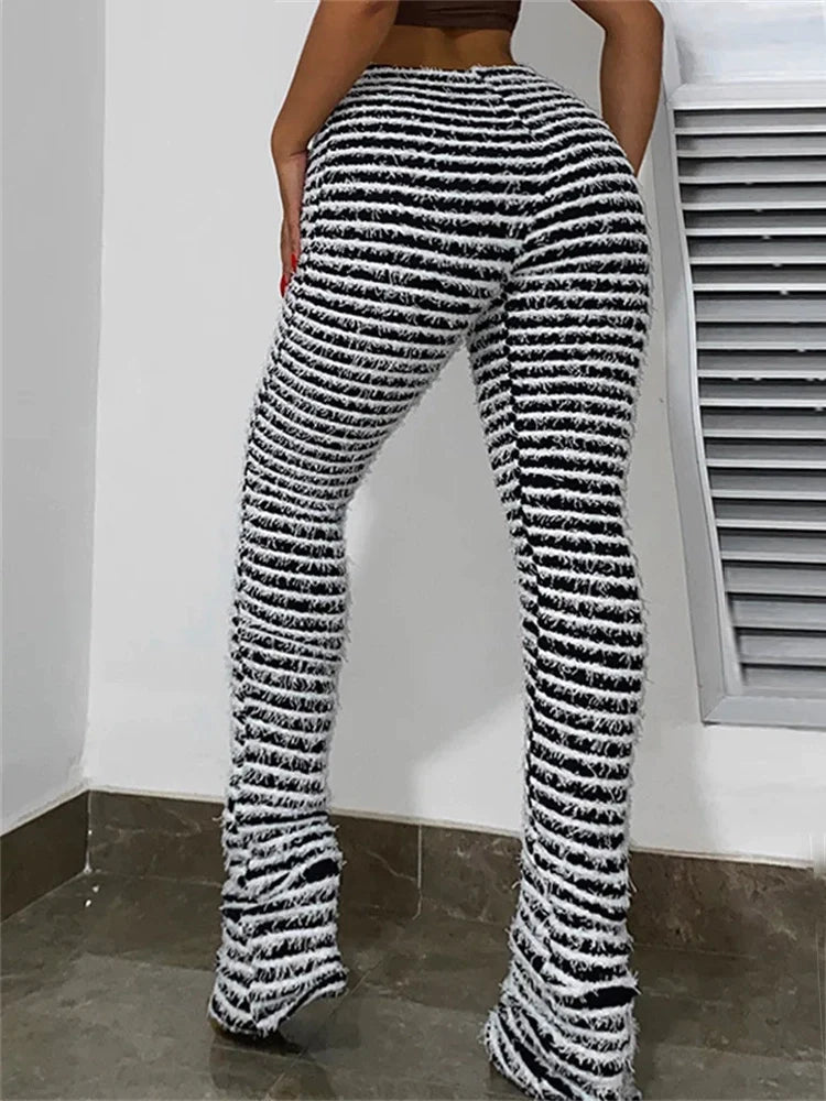 Striped Fluffy Stacked Pants Causal Sporty Leggings Skinny Stretchy Slim Fit Pants Comfortable Wide-Band Leggings