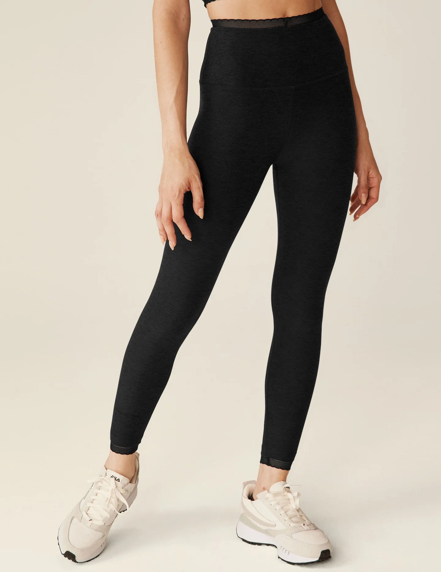 Beyond Yoga Spacedye Allure High Waisted Midi Legging in Darkest Night Stylish Side-Stripe Leggings