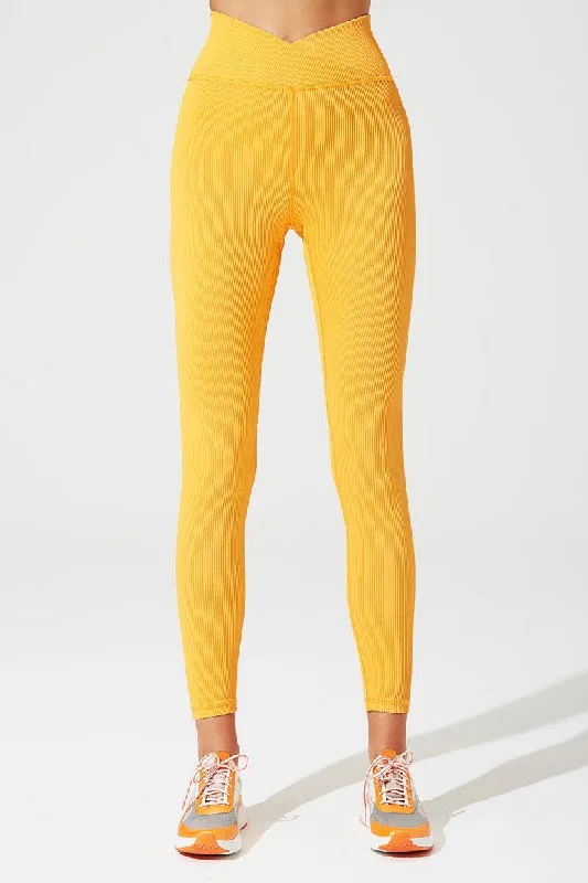 V Waist Ribbed Legging - Vivid Saffron Stylish Stretch Pants Leggings