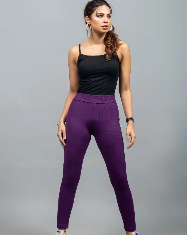 Wide Waistband Solid Leggings – Purple Fashionable Solid Color Tights