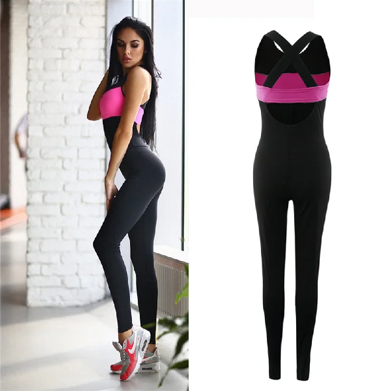 Sport Suit Women Jumpsuits Running Yoga Backless Gym Running Sets Sportswear Leggings Tight Tracksuit Workout Sports Clothing Elegant Stretchy Faux Leather Leggings