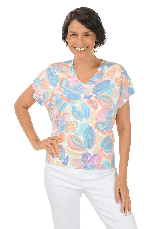 Flower Buds V-Neck Short Sleeve Sweater Transparent Opaque Sheer