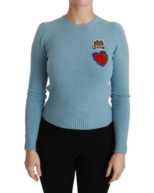 Dolce & Gabbana Women's Heart Patch Cashmere Sweater Blue Boat Neck Shawl Collar Notched Collar