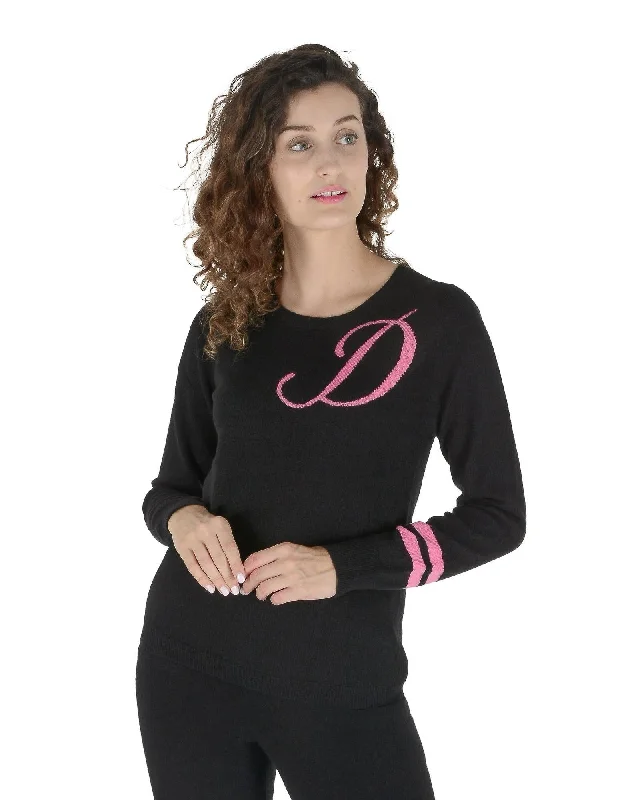 Crown of Edinburgh Cashmere Women's Black Cashmere Sweater with Pink 'D' Embroidery  Luxury 100% Cashmere Sweater - Black with Pink Detail - Crown of Edinburgh  Crown of Edinburgh Cashmere: Women's Long Sleeve Round Neck Knit Jumper Elegant Classic Vintage