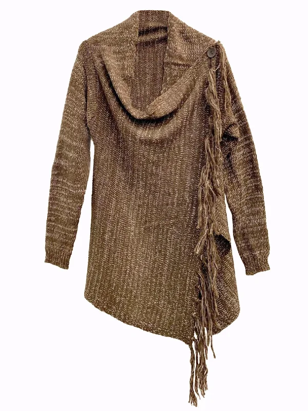 Brown Knit Asymmetrical Draped Sweater With Fringe Ribbed Striped Patterned