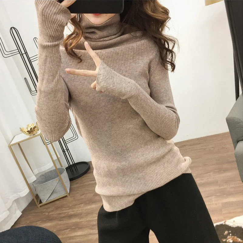 Bag core yarn high-necked sweater women's long-sleeved autumn and winter new piles of heaped collars and thick-bottomed knitwear Ribbed Striped Patterned