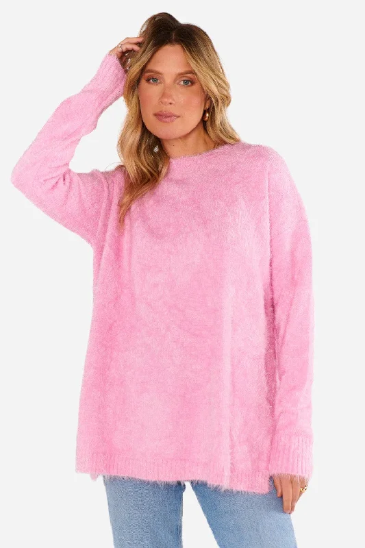 Show Me Your Mumu Bonfire Sweater in Pink Fuzzy Knit Solid Print Embellished