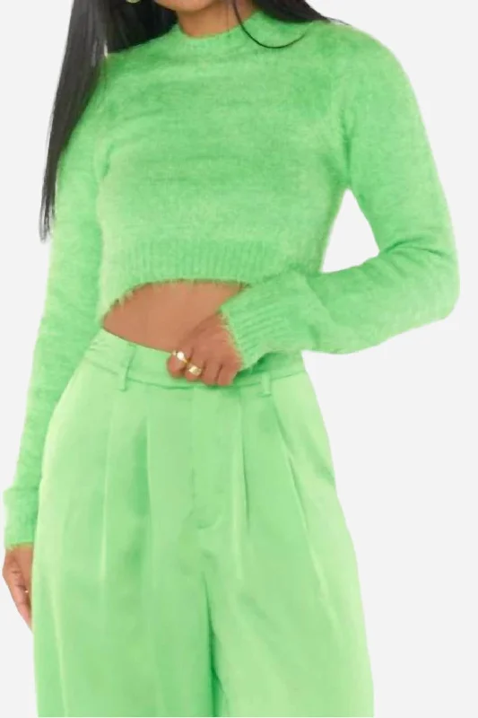 Show Me Your Mumu Cropped Varsity Sweater in Bright Green Fuzzy Knit Print Jacquard Patchwork