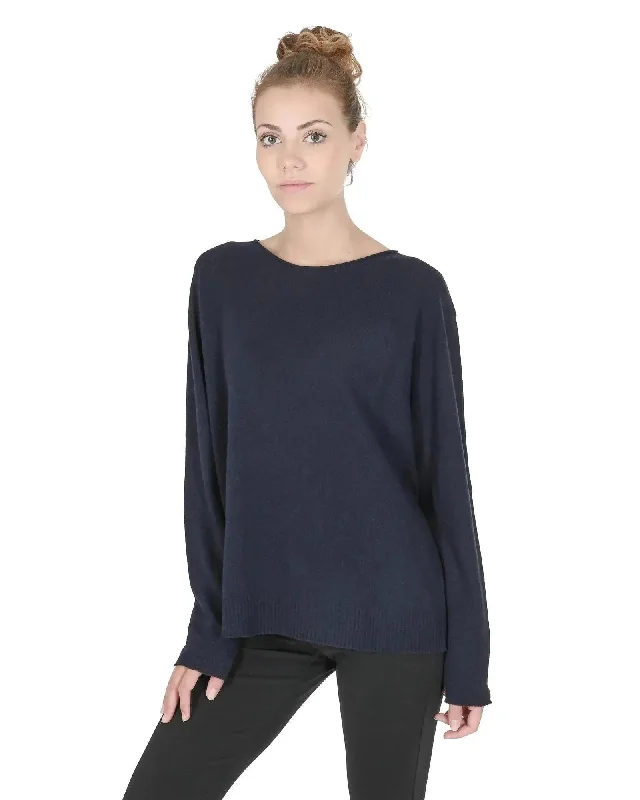 Crown of Edinburgh Cashmere Women's Premium Cashmere Oversize Boatneck Sweater in Navy blue - XL Seamless Knitted Crochet