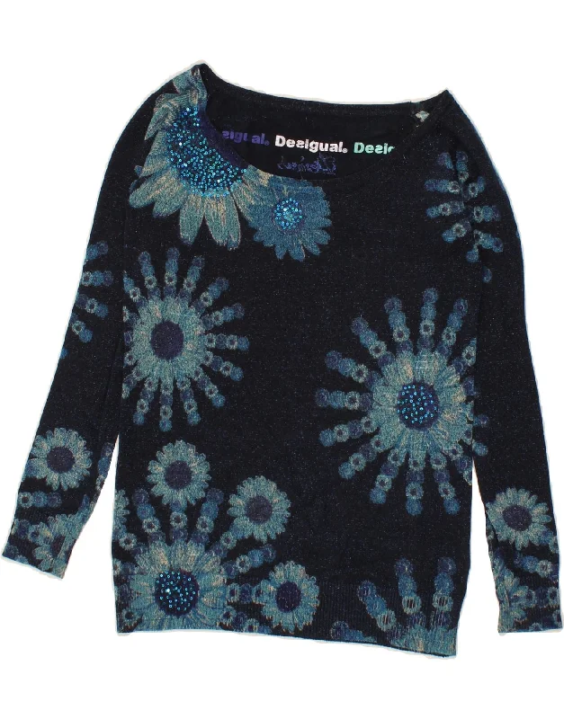 DESIGUAL Womens Boat Neck Jumper Sweater UK 12 Medium Navy Blue Floral Collared Crew Neck Turtle Neck