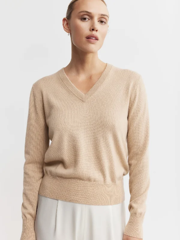 Essential Cashmere Rib V Sweater - Camel Jersey Fabric Tulle Fabric Batik Fabric