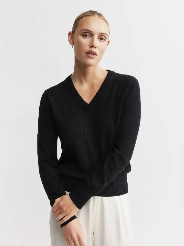 Essential Cashmere Rib V Sweater - Black Real Fur Shearling Chenille