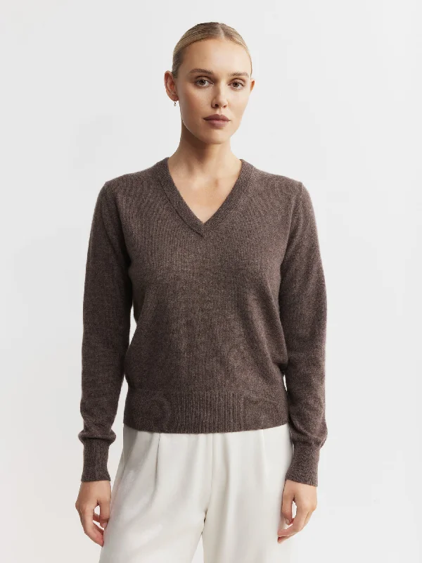 Essential Cashmere Rib V Sweater - Brown Melange Print Jacquard Patchwork