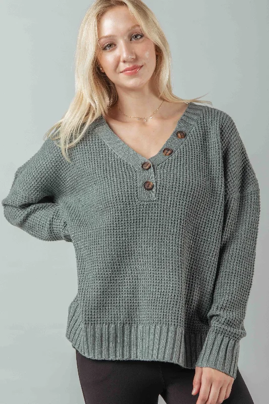 GREY V-NECK BUTTON-UP COMFY WAFFLE KNIT SWEATER 12W2739N Turtle Neck Boat Neck Asymmetrical Neck