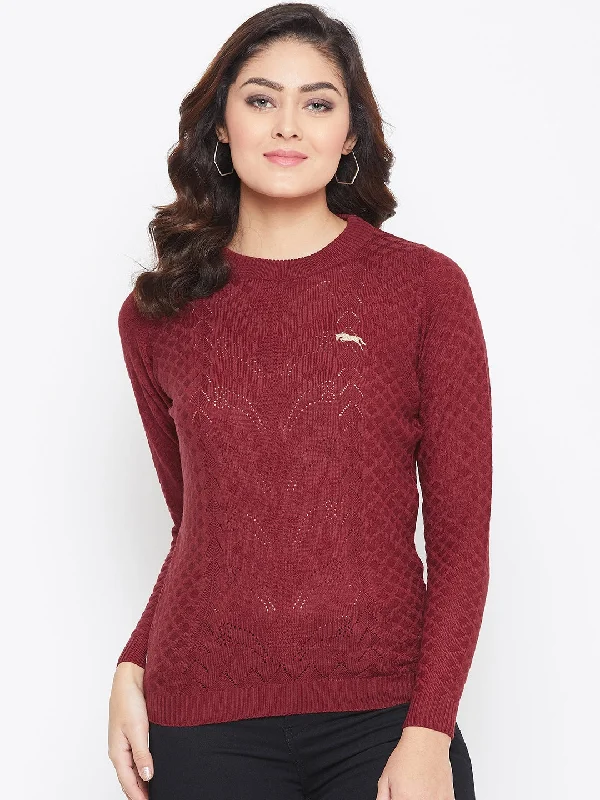 JUMP USA Women Red Self Design Sweater Cable Knit Ribbed Knit Lace Knit