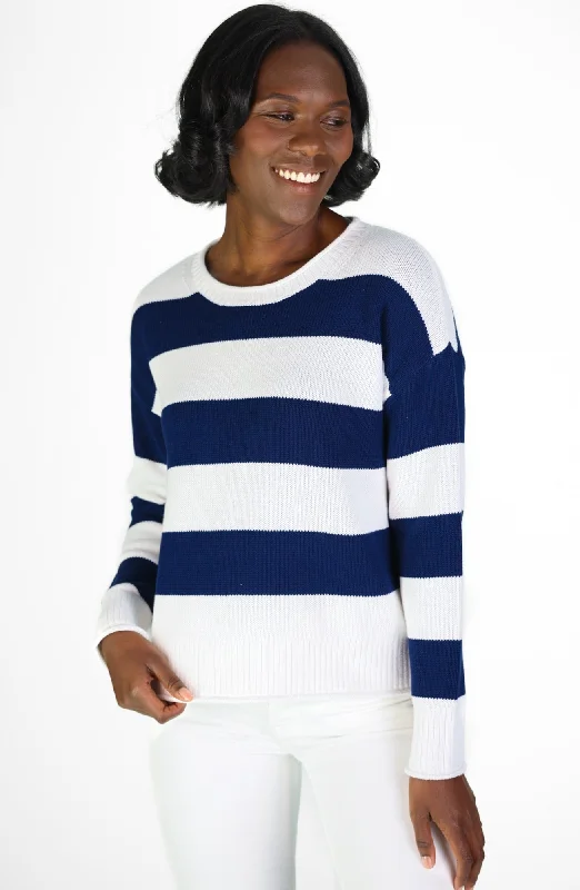 Navy & White Stripe Drop Shoulder Sweater Sweater Knitwear Pullover