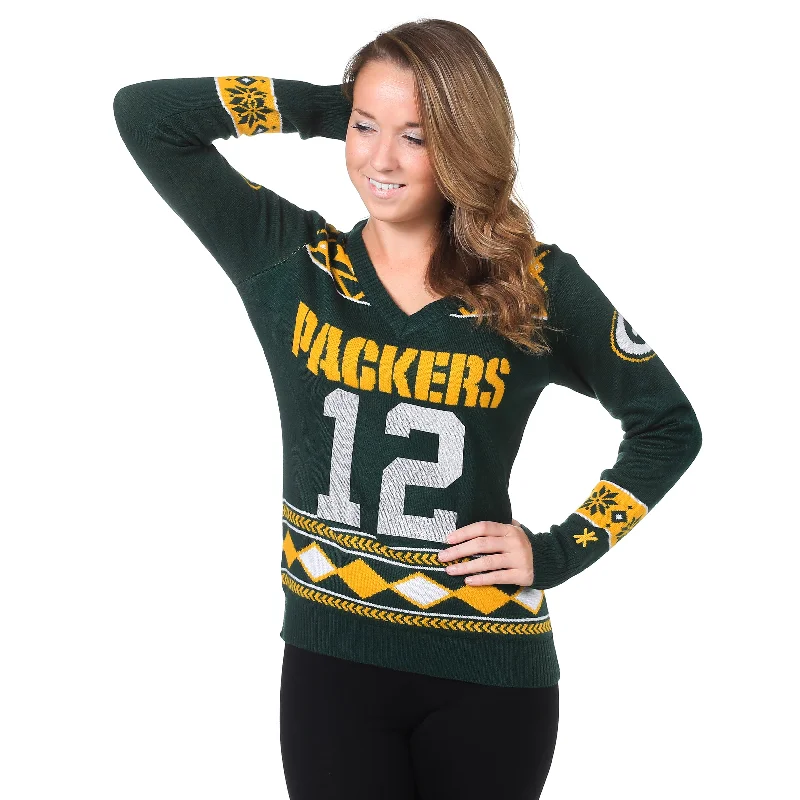 Green Bay Packers Aaron Rodgers #12 Glitter Player V-Neck Sweater Houndstooth Herringbone Solid