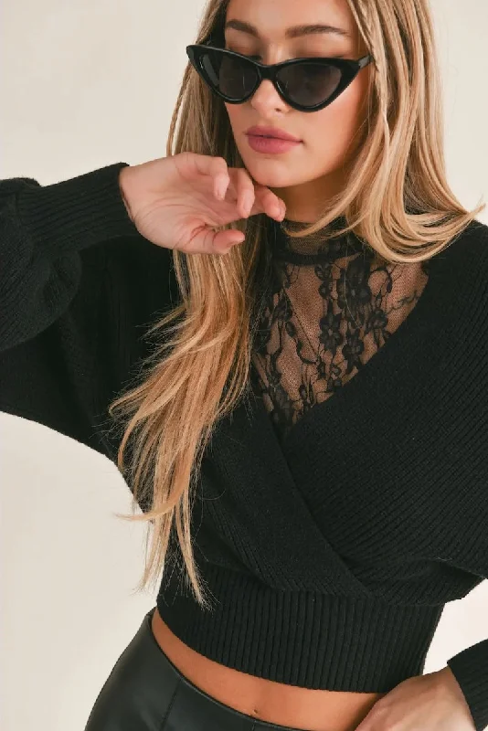 Night Glam Mixed with Lace Sweater Long Sweater Short Sweater Cropped Sweater