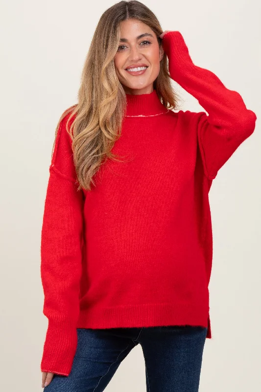 Red Mock Neck Contrast Seam Maternity Sweater Rayon Fabric Velvet Fabric Corduroy Fabric