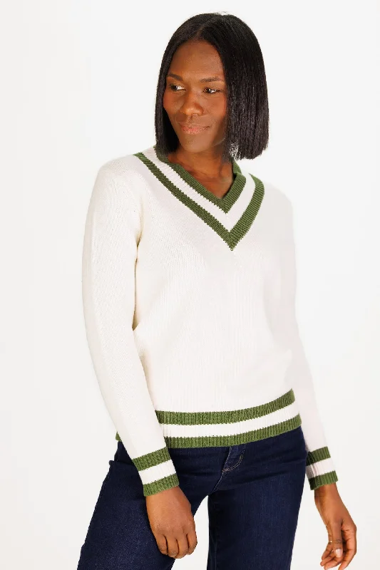 Varsity Heirloom Cotton Sweater in Ivory and Moss Green Soft Cozy Warm