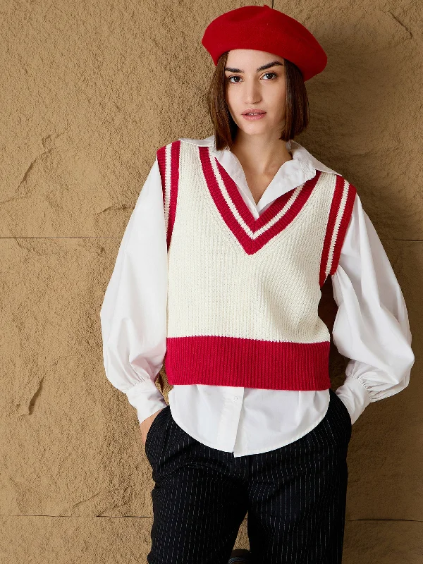 Women Red & White Striped V-Neck Sweater Vest Mesh Fabric Canvas Fabric Denim Fabric